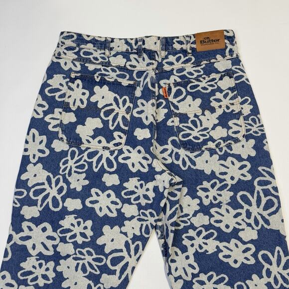 Butter Goods Baggy Jeans Mens 36 Blue White Floral Print Denim Pants Streetwear - Picture 3 of 16